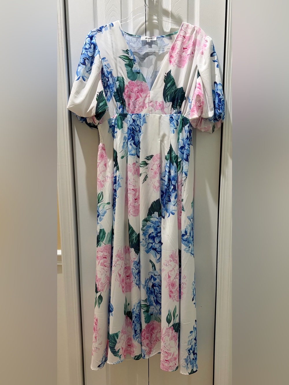 White Floral Midi Dress with Pink & Blue Blooms, V-Neck